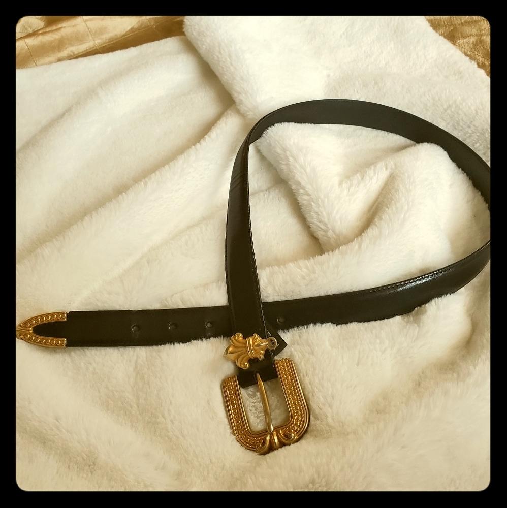 Vintage Brighton Black Leather Belt Gold Buckle